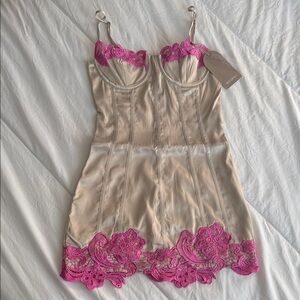 Meshki Beige Mini Dress with Pink Lace Tatiana corset nude xs nwt
